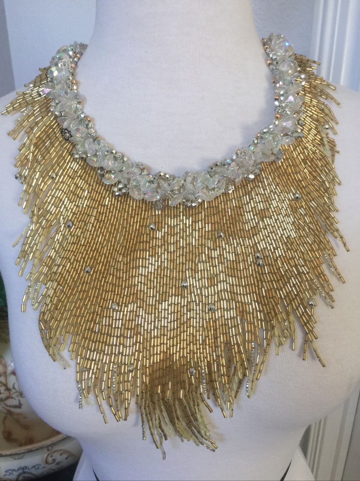 Vtg. Hand Made Large Beaded Collar Gold Fringe  Beautiful  50 Years Old New